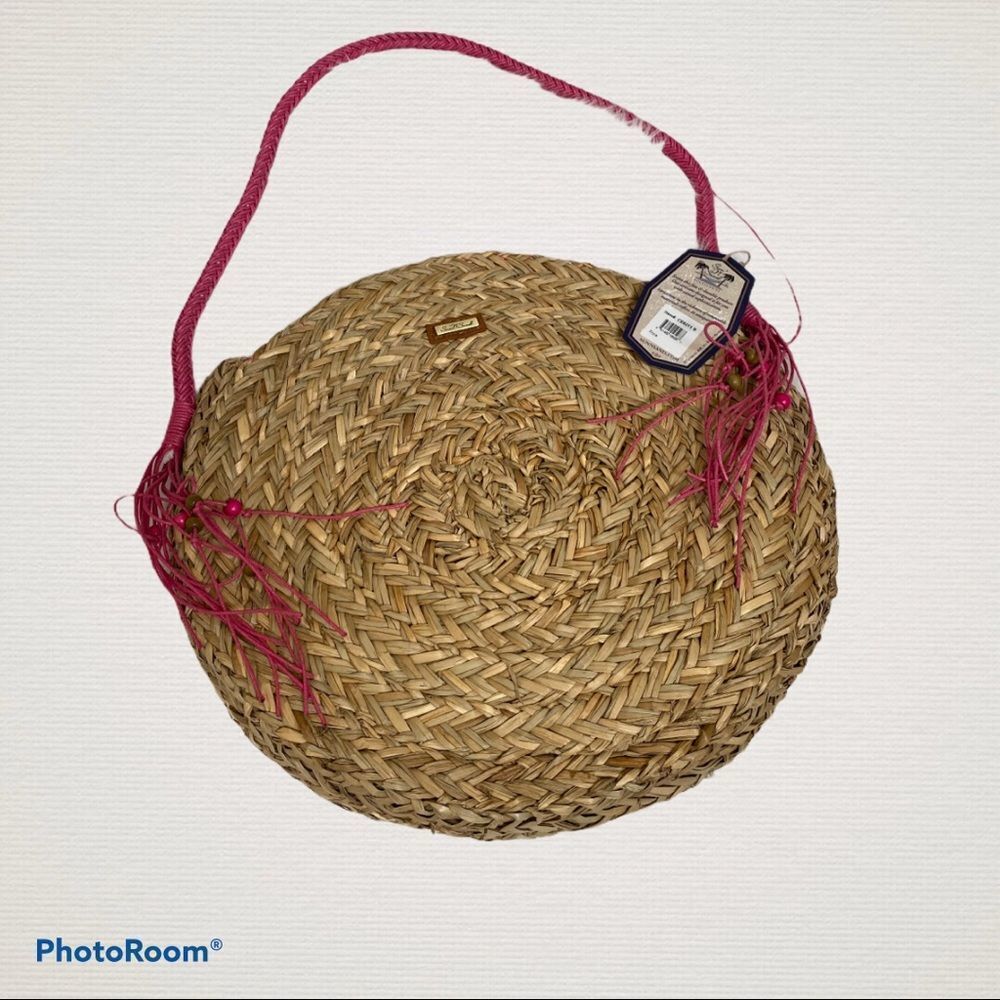 Round Straw Tote with Pink Strap and Tassels NWT